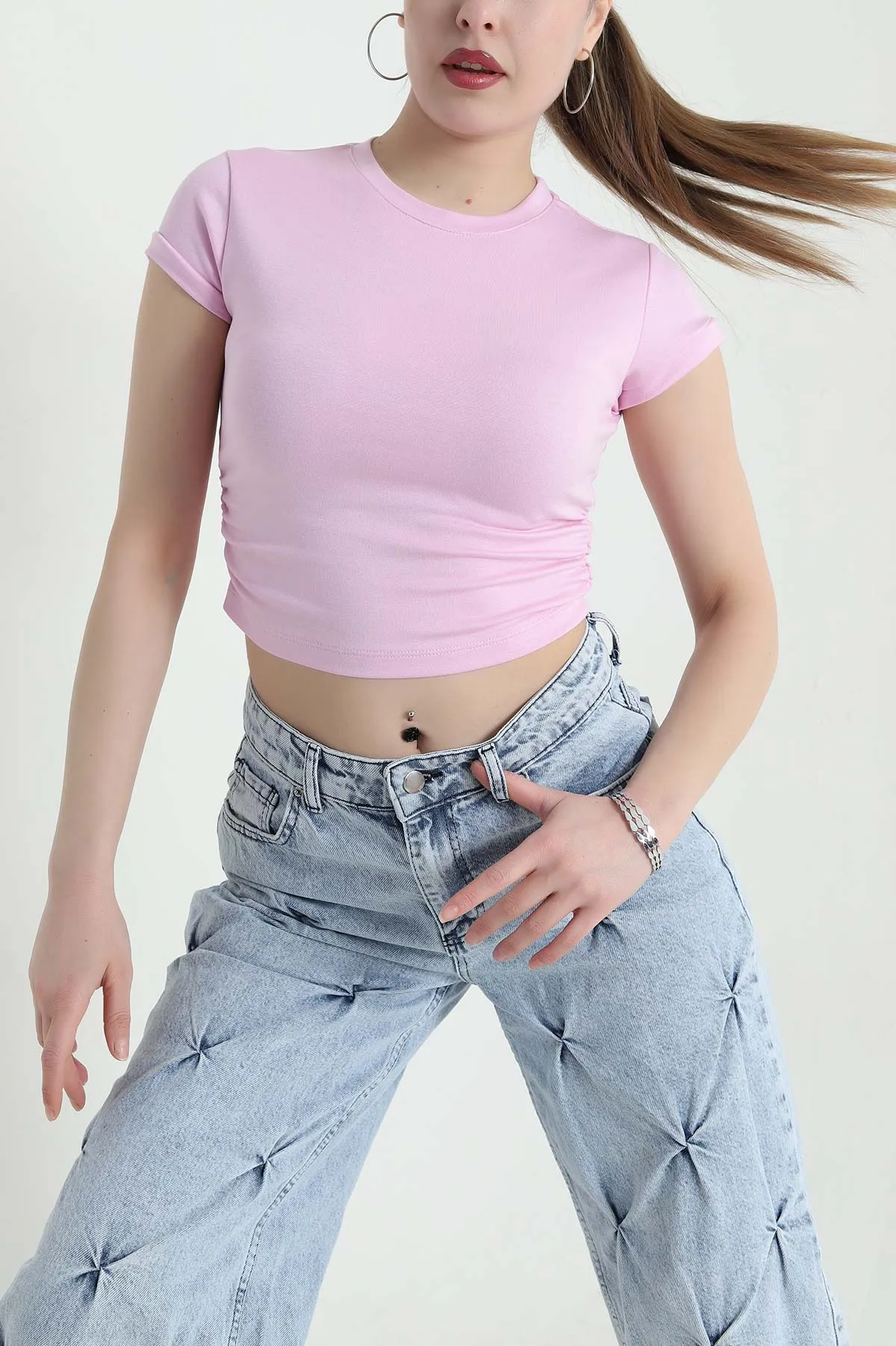 Pembe Yanları Büzgülü Buzzy Kadın Crop 440368