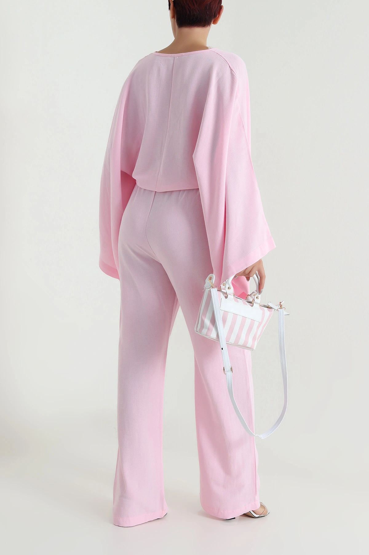 Pembe Yarasa Kol Bluz Pantolon Keten Kadın İkili Takım 482537