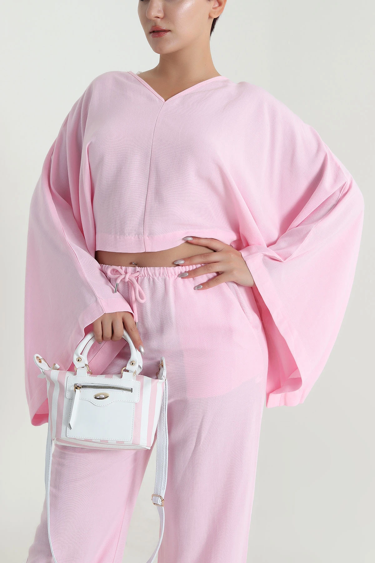 Pembe Yarasa Kol Bluz Pantolon Keten Kadın İkili Takım 482537