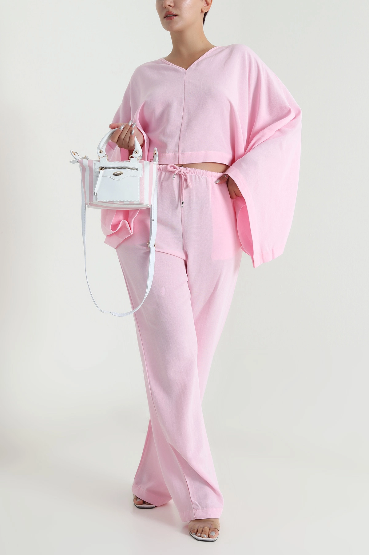 Pembe Yarasa Kol Bluz Pantolon Keten Kadın İkili Takım 482537