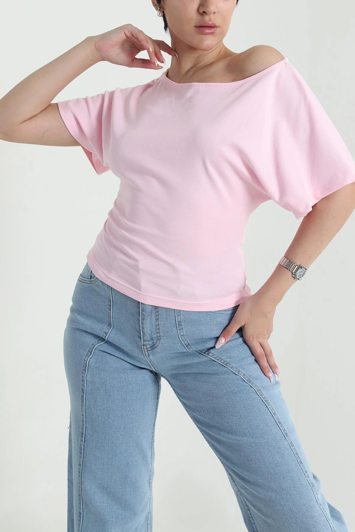 Pembe Yarasa Kol Kayık İnterlok Kadın Bluz 464582