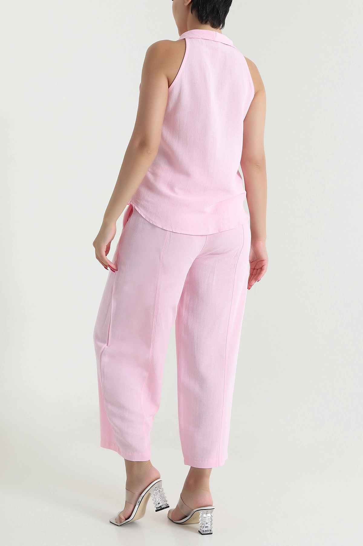 Pembe Yelek Pantolon Keten Kadın İkili Takım 475724