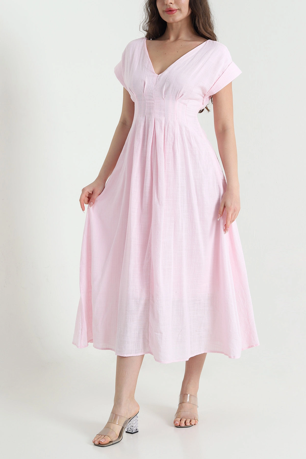 Pembe Yeni Sezon Keten Kadın Elbise 456765