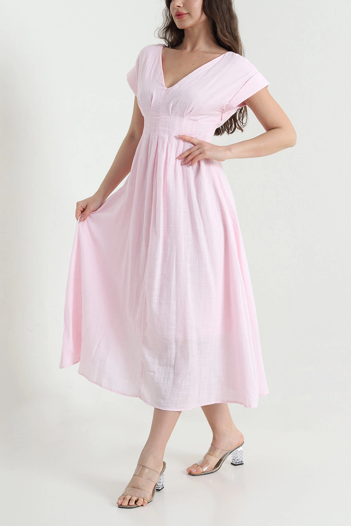 Pembe Yeni Sezon Keten Kadın Elbise 456765