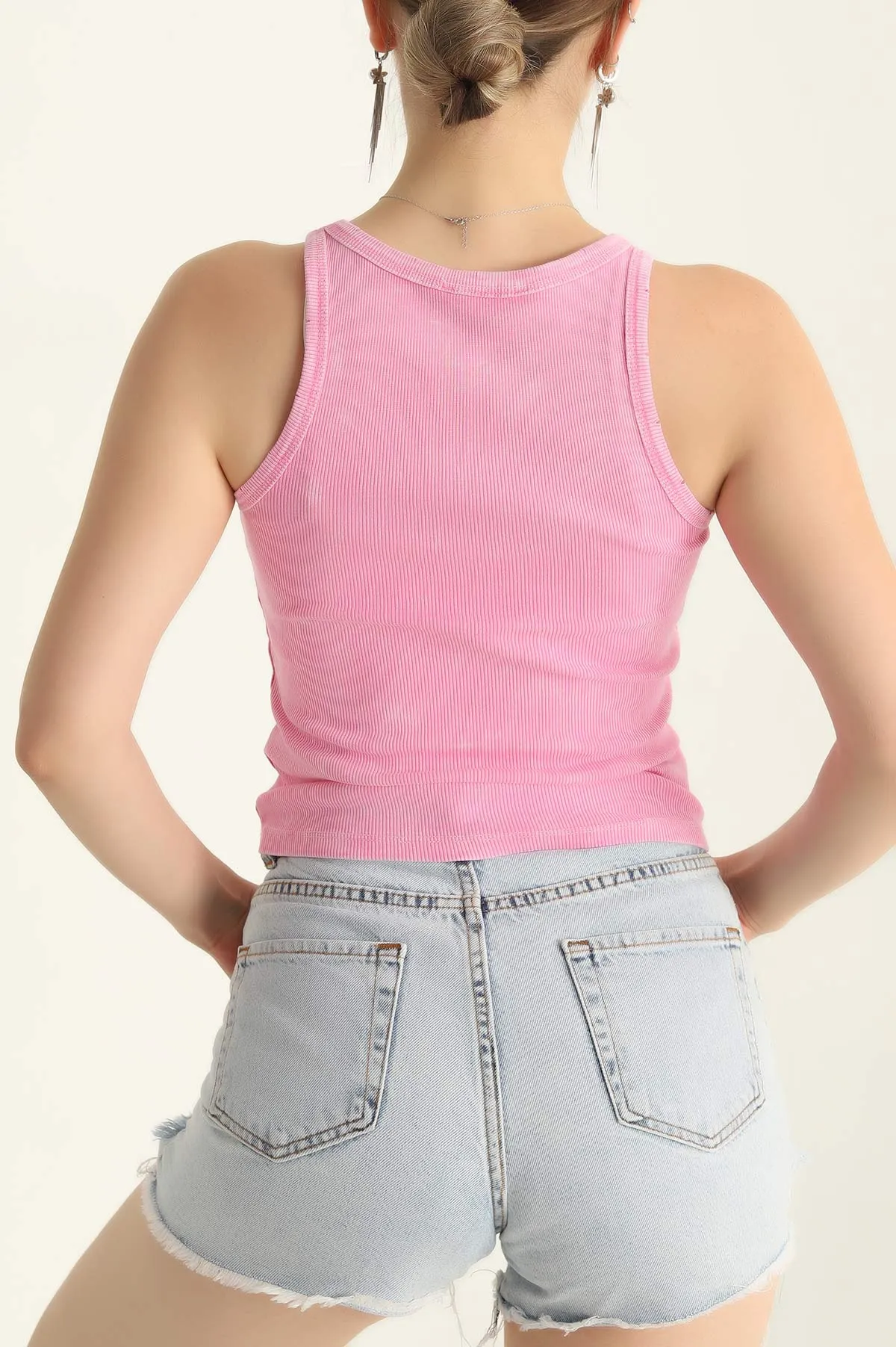 Pembe Yırtık Kar Yıkama Fitilli Bayan Atlet 293030