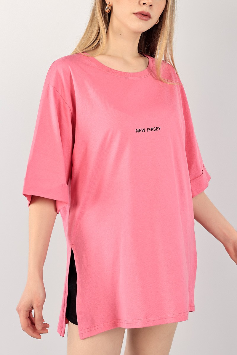 Pembe Yırtmaçlı Duble Kol Tişört 101617