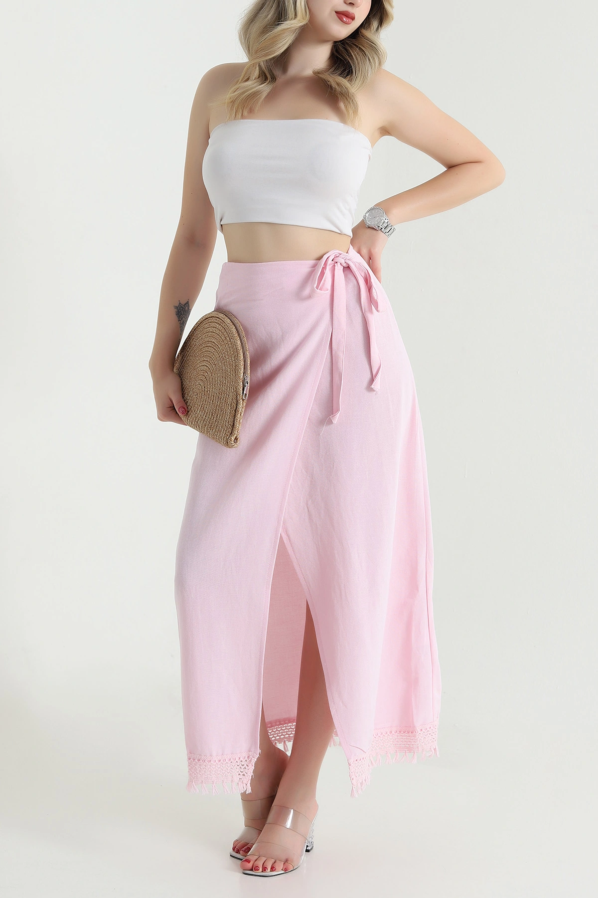 Pembe Yırtmaçlı Keten Kadın Etek 469458