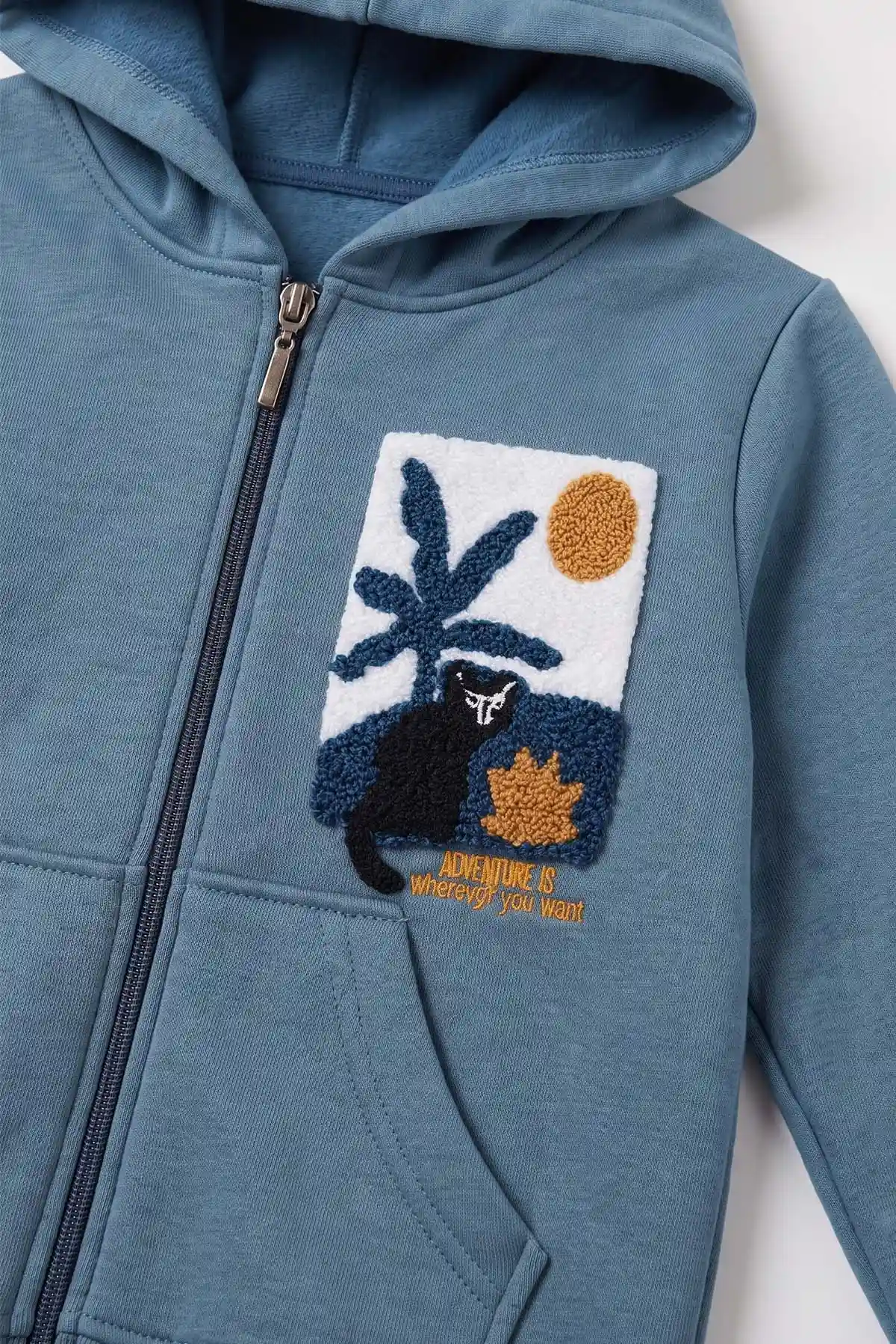Petrol (3-12 Yaş) Süzene Palmiye Nakışlı Kapüşonlu 3 İp Şardonlu Erkek Çocuk Sweatshirt 478783