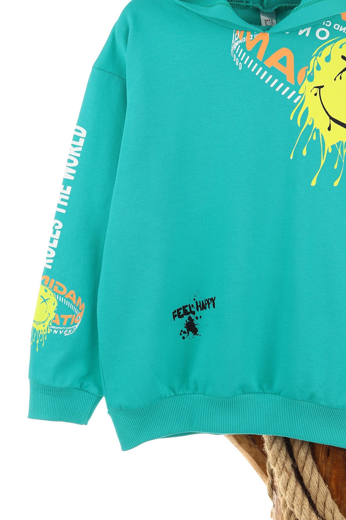 Petrol (5-8 Yaş) Feel Happy Baskılı Kapüşonlu  Mevsimlik Erkek Çocuk Sweat 157158