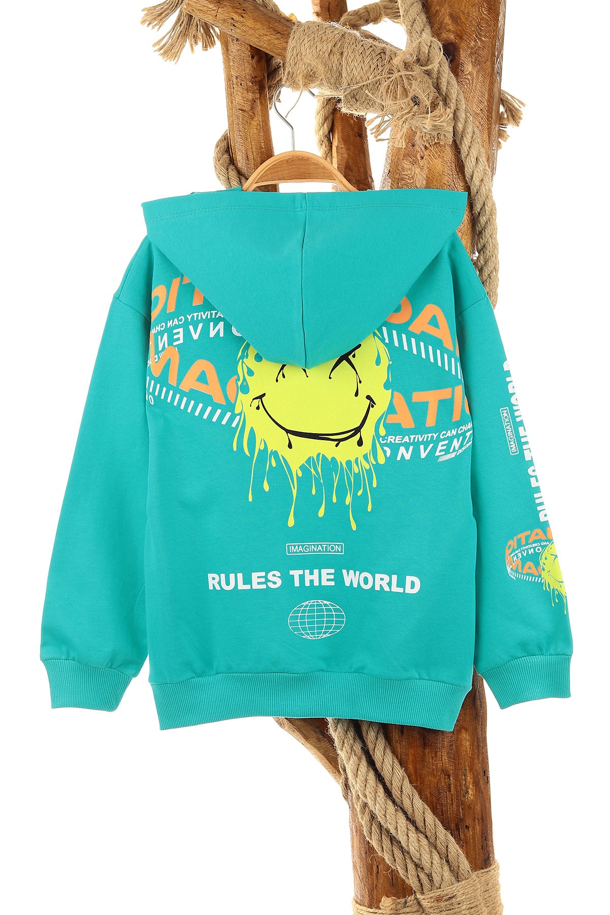 Petrol (5-8 Yaş) Feel Happy Baskılı Kapüşonlu  Mevsimlik Erkek Çocuk Sweat 157158