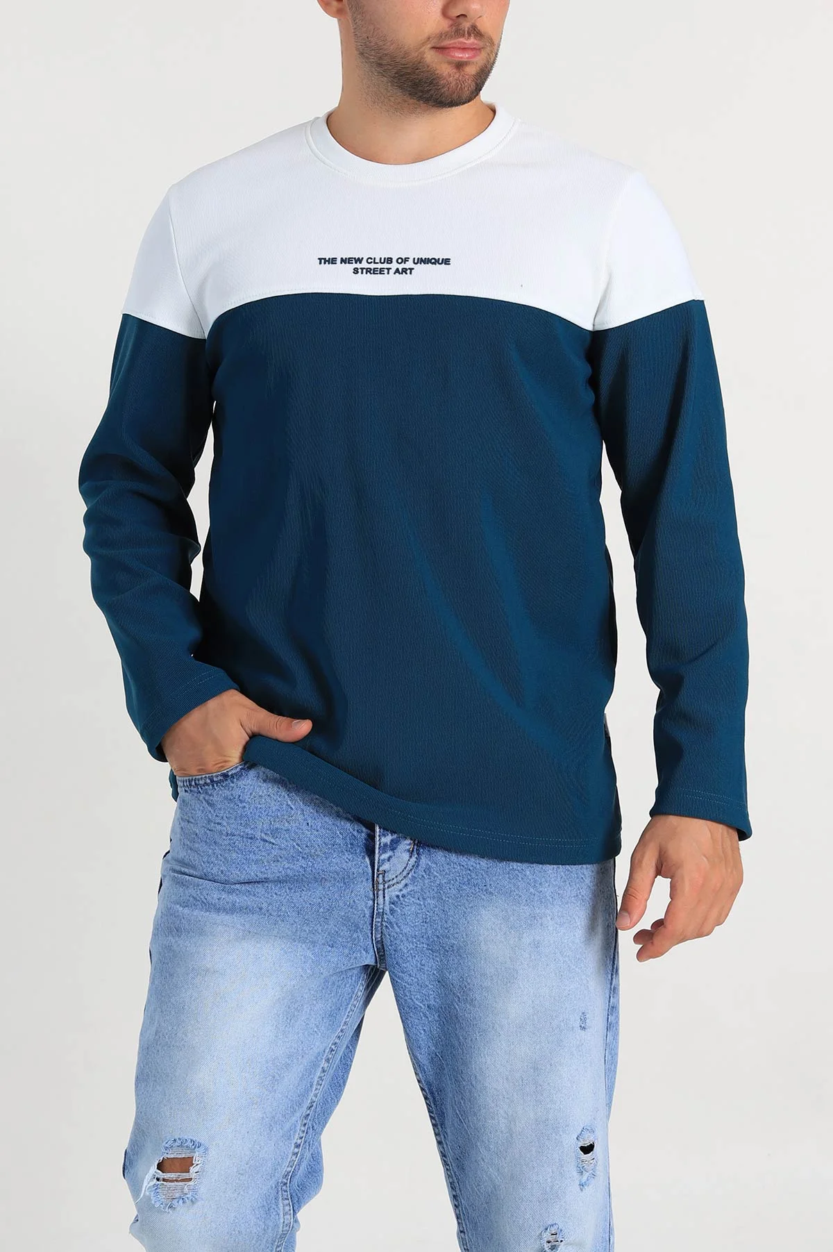 Petrol Beyaz Regular Fit Kabartma Baskılı Erkek Sweatshirt 305869
