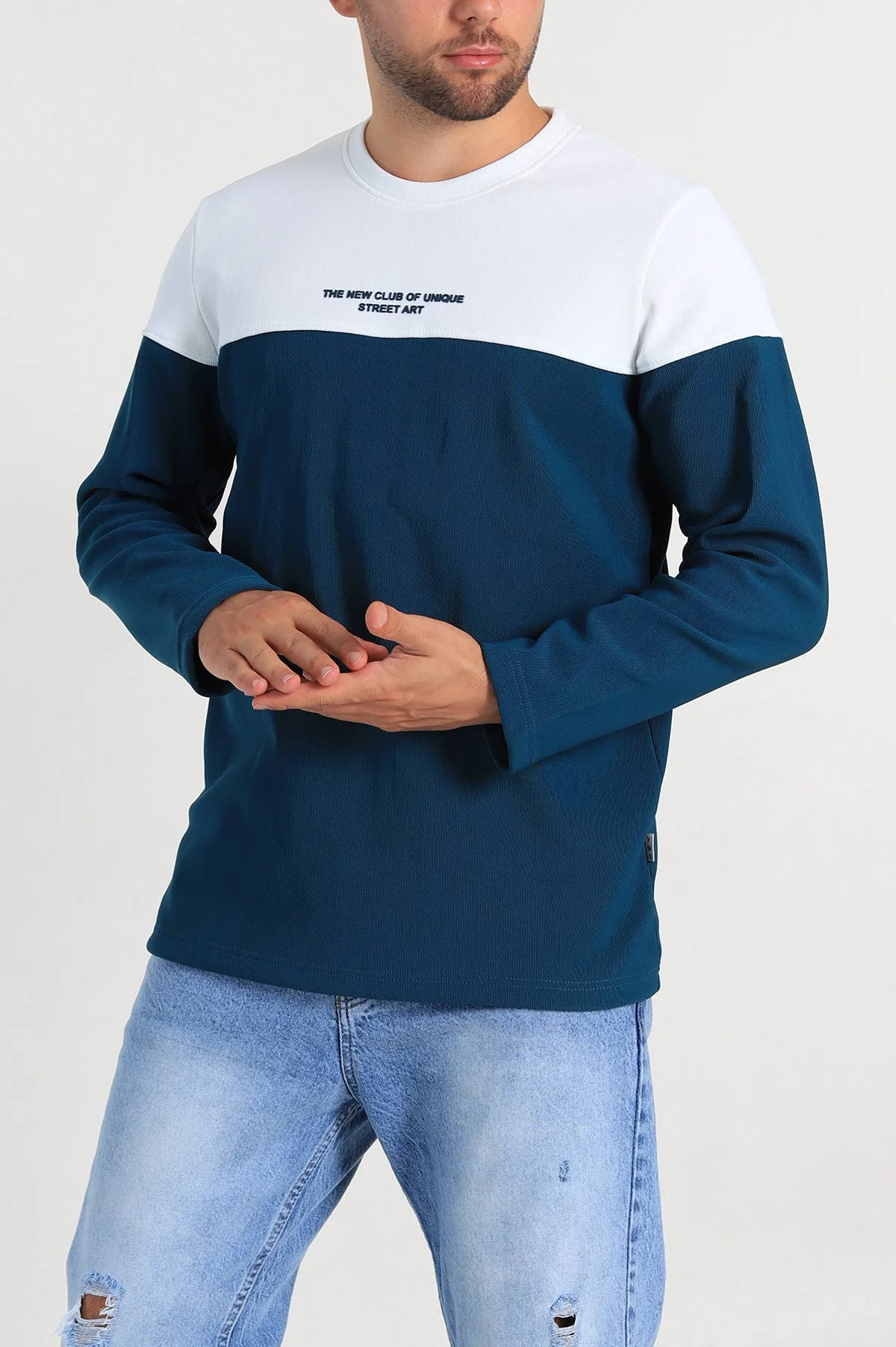 Petrol Beyaz Regular Fit Kabartma Baskılı Erkek Sweatshirt 305869