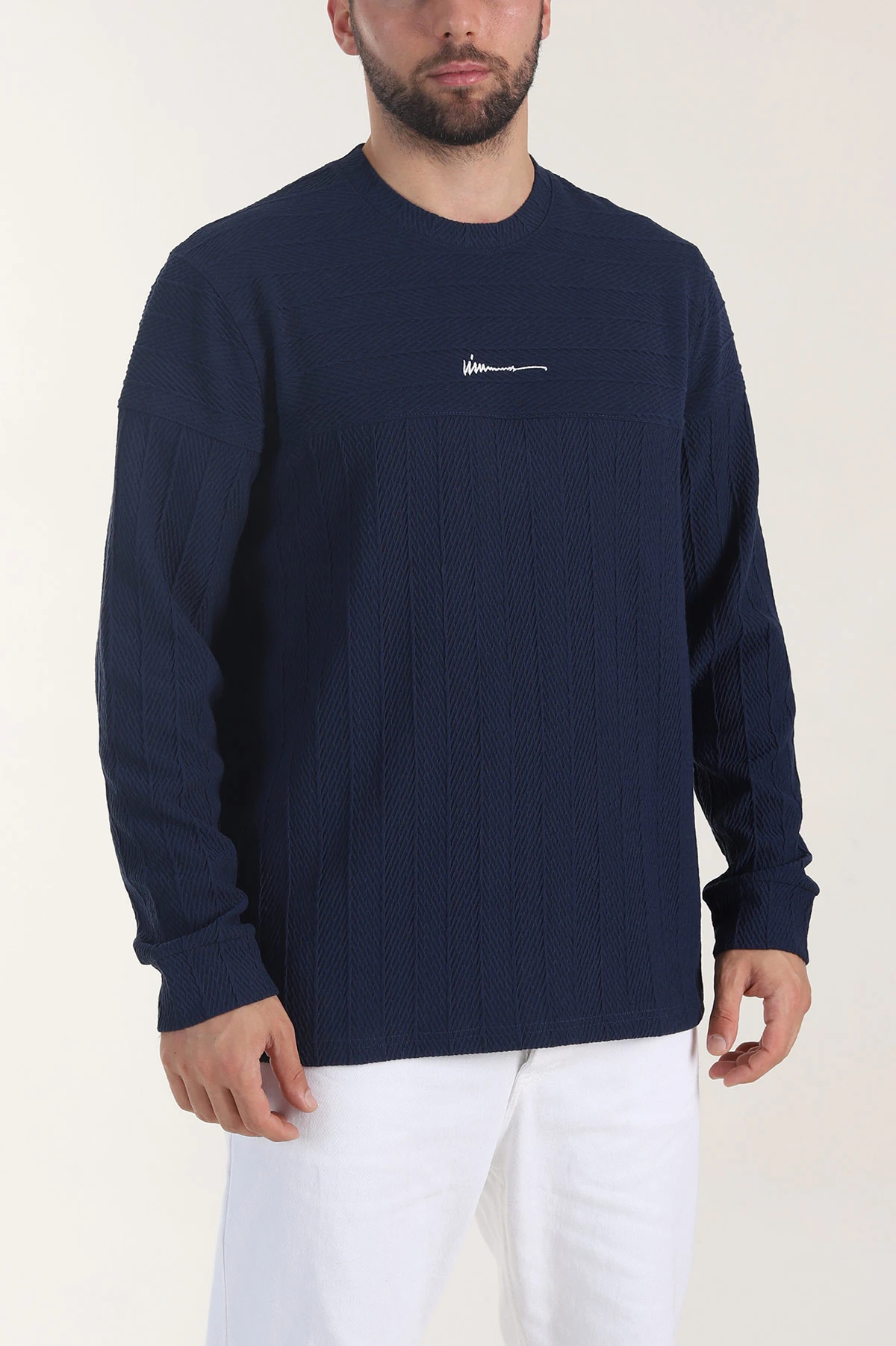 Petrol Bisiklet Yaka Dokulu Nakış Detaylı Erkek Sweatshirt 406948