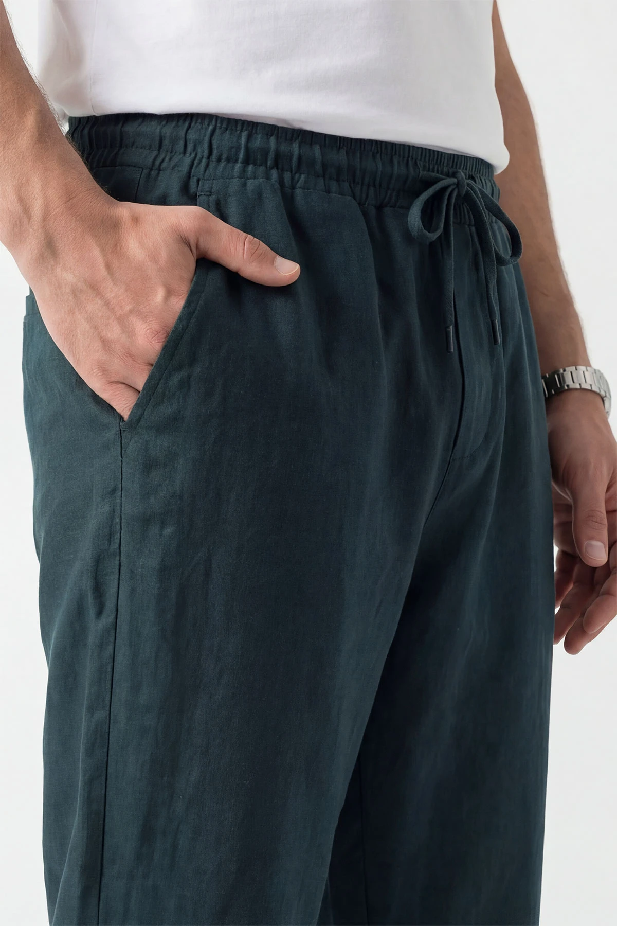 Petrol Keten Baggy Belden Bağlamalı Erkek Pantolon 451311