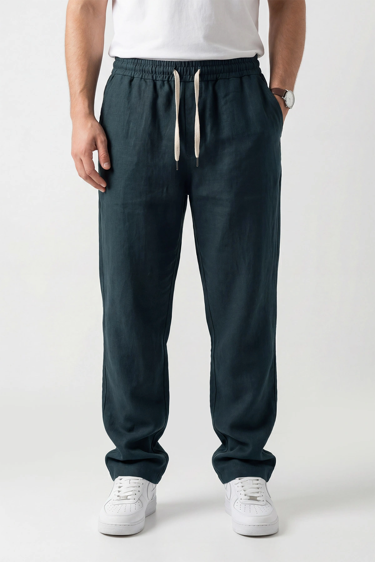 Petrol Keten Baggy Belden Bağlamalı Erkek Pantolon 451311