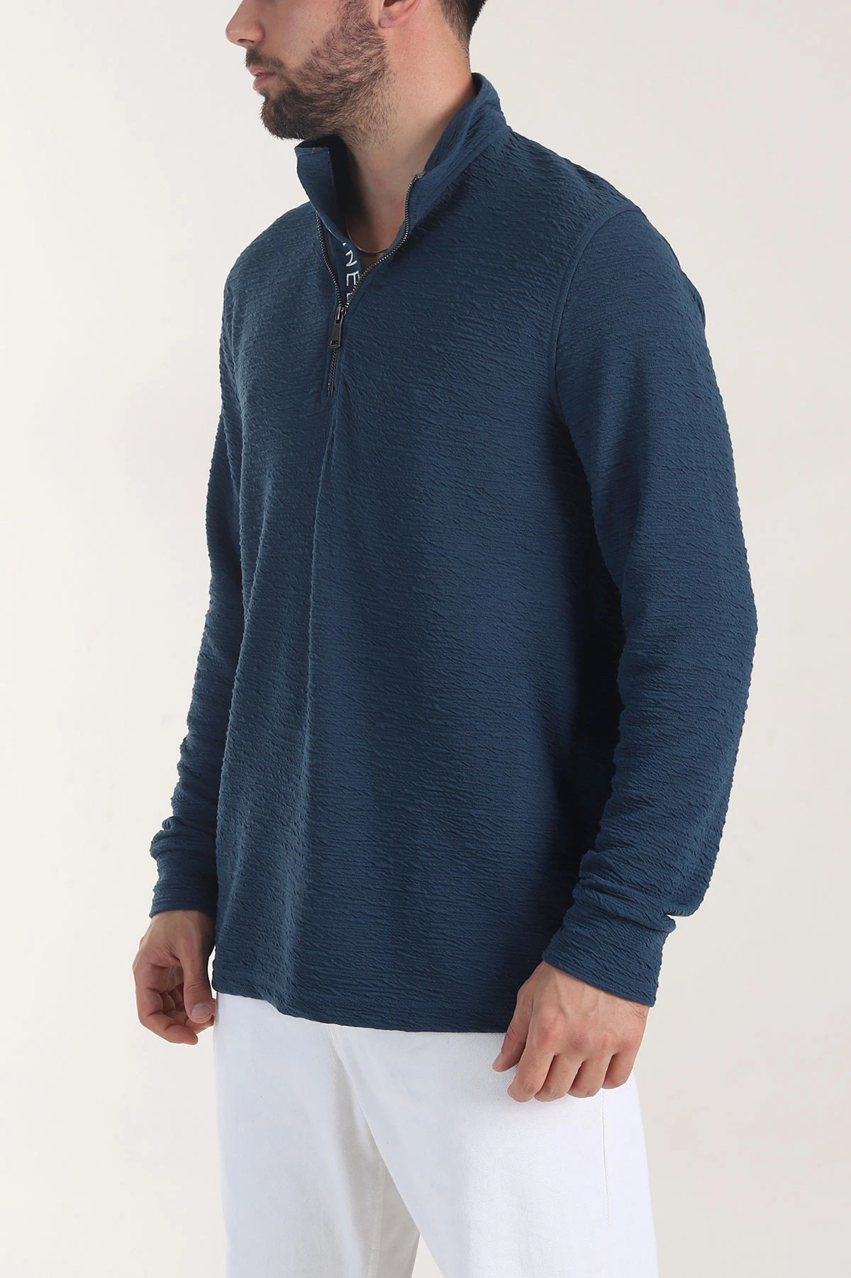 Petrol Kırınkıl Kumaş Yarım Fermuarlı Erkek Sweatshirt 406826