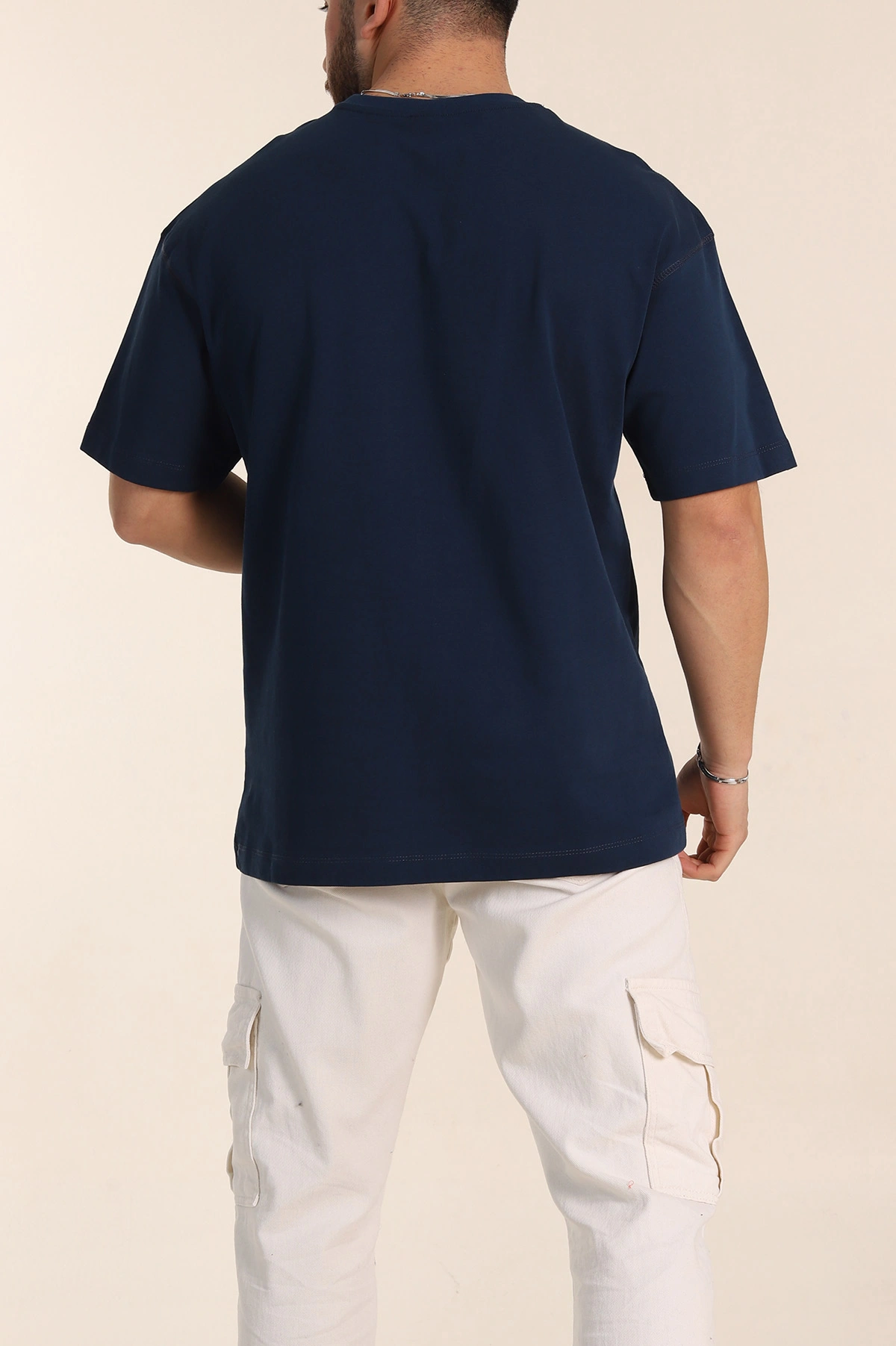 Petrol Oversize Dikiş Detaylı Basic Erkek Tişört 348837