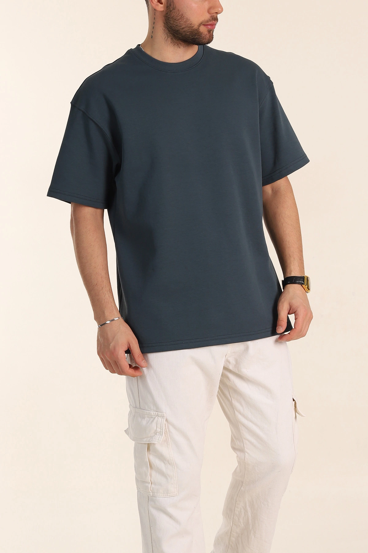Petrol Oversize Double Face Kumaş Basic Erkek Tişört 340529