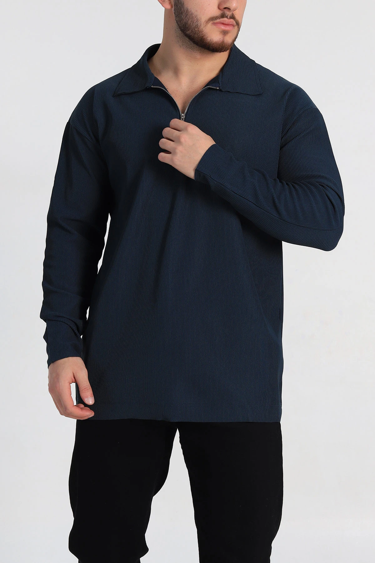 Petrol Oversize Fitilli Doku Fermuarlı Polo Yaka Sweatshirt 324399