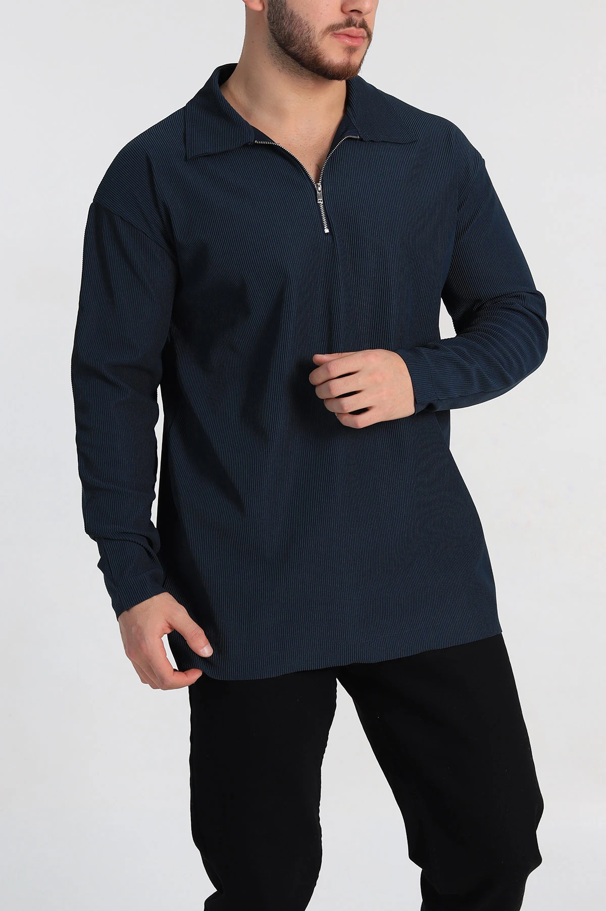 Petrol Oversize Fitilli Doku Fermuarlı Polo Yaka Sweatshirt 324399