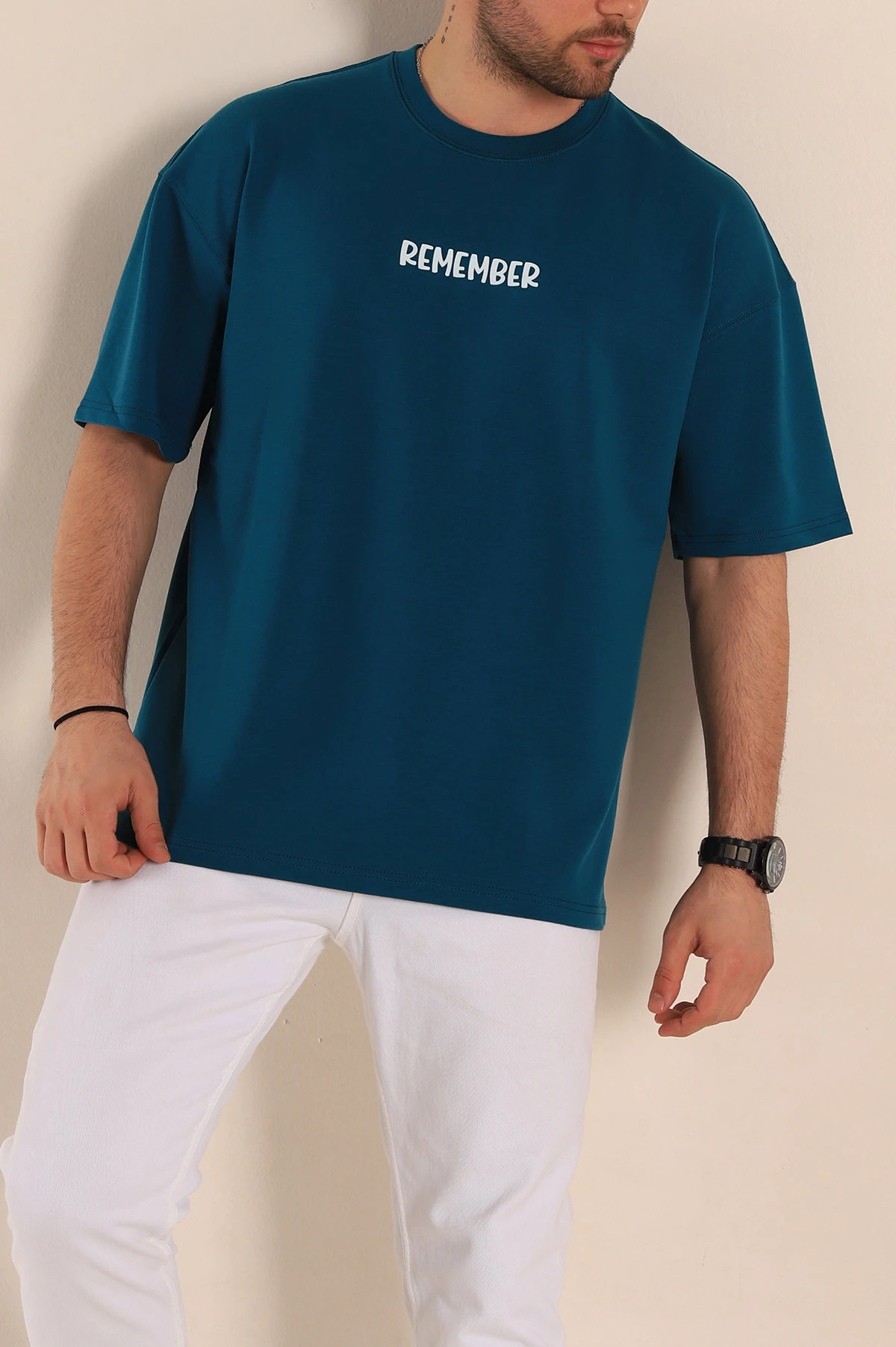 Petrol Oversize Suprem Kumaş Kabartma Yazılı Erkek Tişört 267450