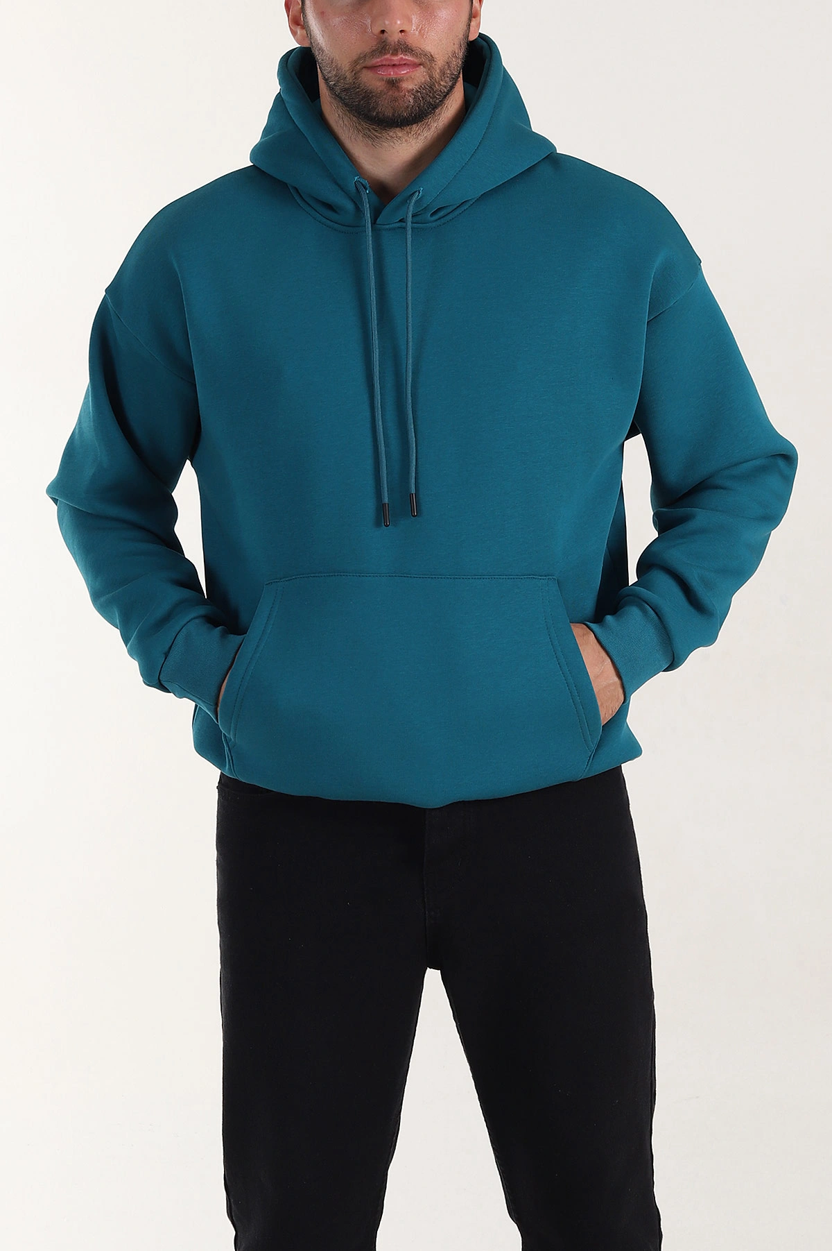 Petrol Oversize Üç İp Şardonlu Erkek Basic Kapüşonlu Sweatshirt 398911