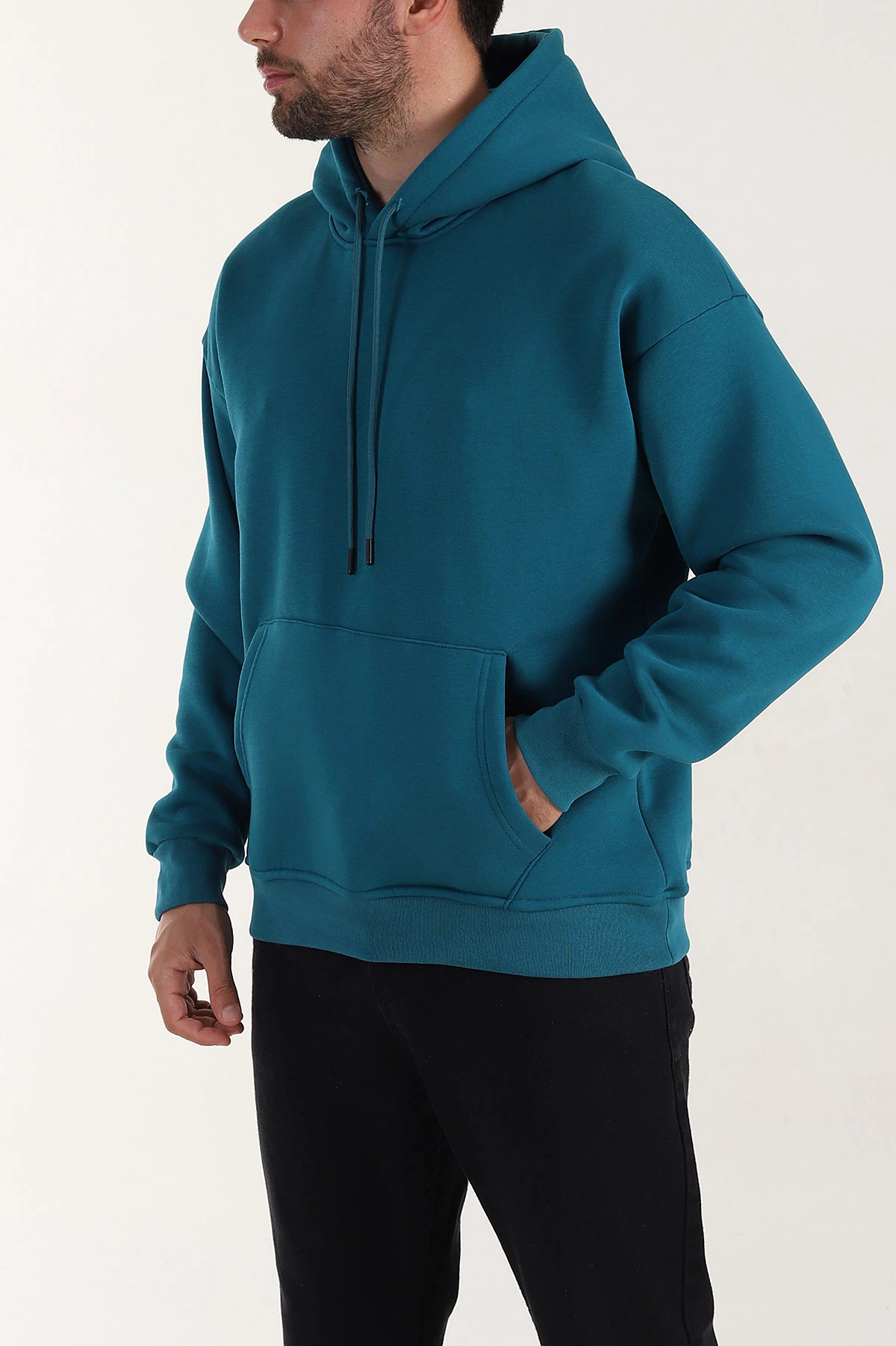 Petrol Oversize Üç İp Şardonlu Erkek Basic Kapüşonlu Sweatshirt 398911