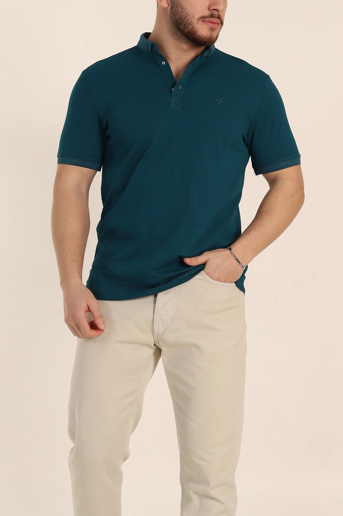Petrol Regular Fit Dokulu Polo Yaka Erkek Tişört 342497