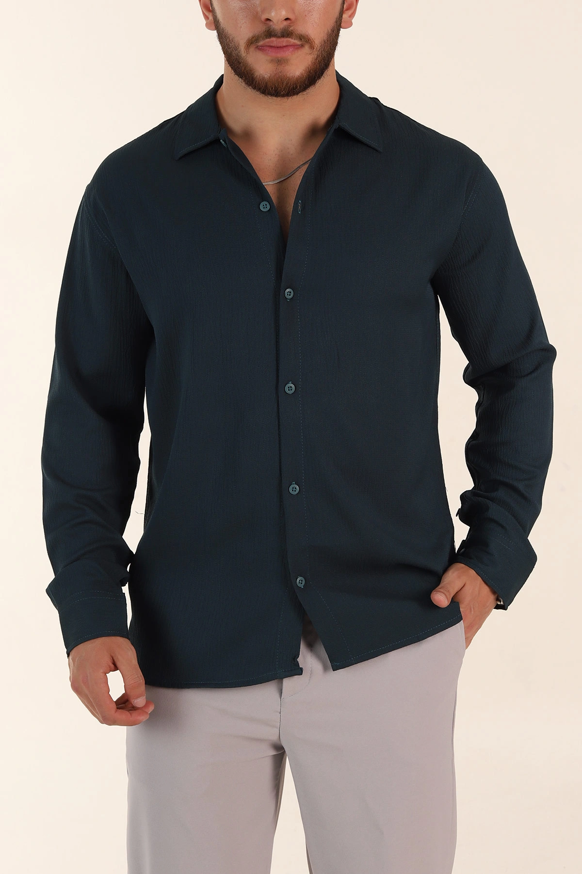 Petrol Relaxed Fit Bürümcük Dokulu Uzun Kollu Erkek Gömlek 369322