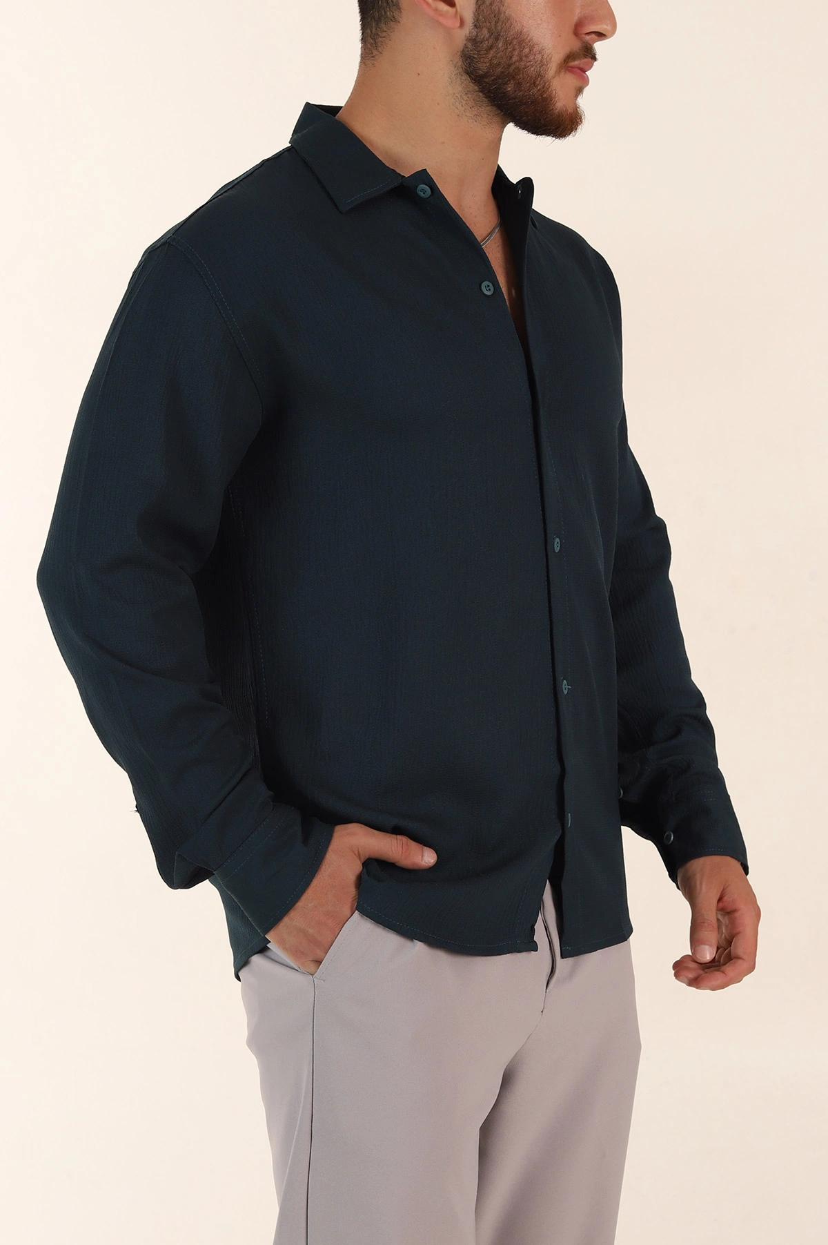 Petrol Relaxed Fit Bürümcük Dokulu Uzun Kollu Erkek Gömlek 369322