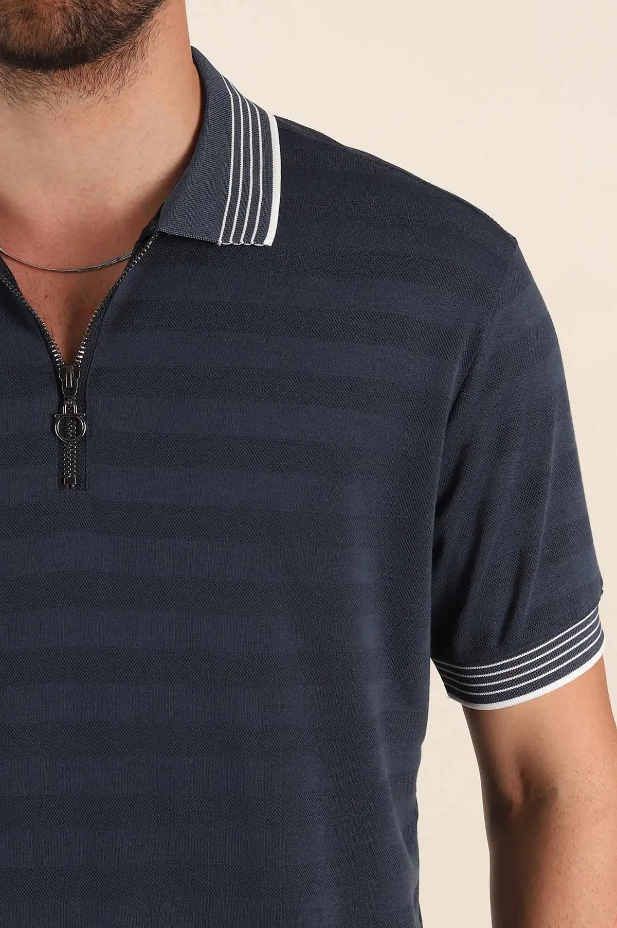 Petrol Relaxed Fit Çizgi Dokulu Fermuarlı Polo Yaka Basic Erkek Tİşört 370234