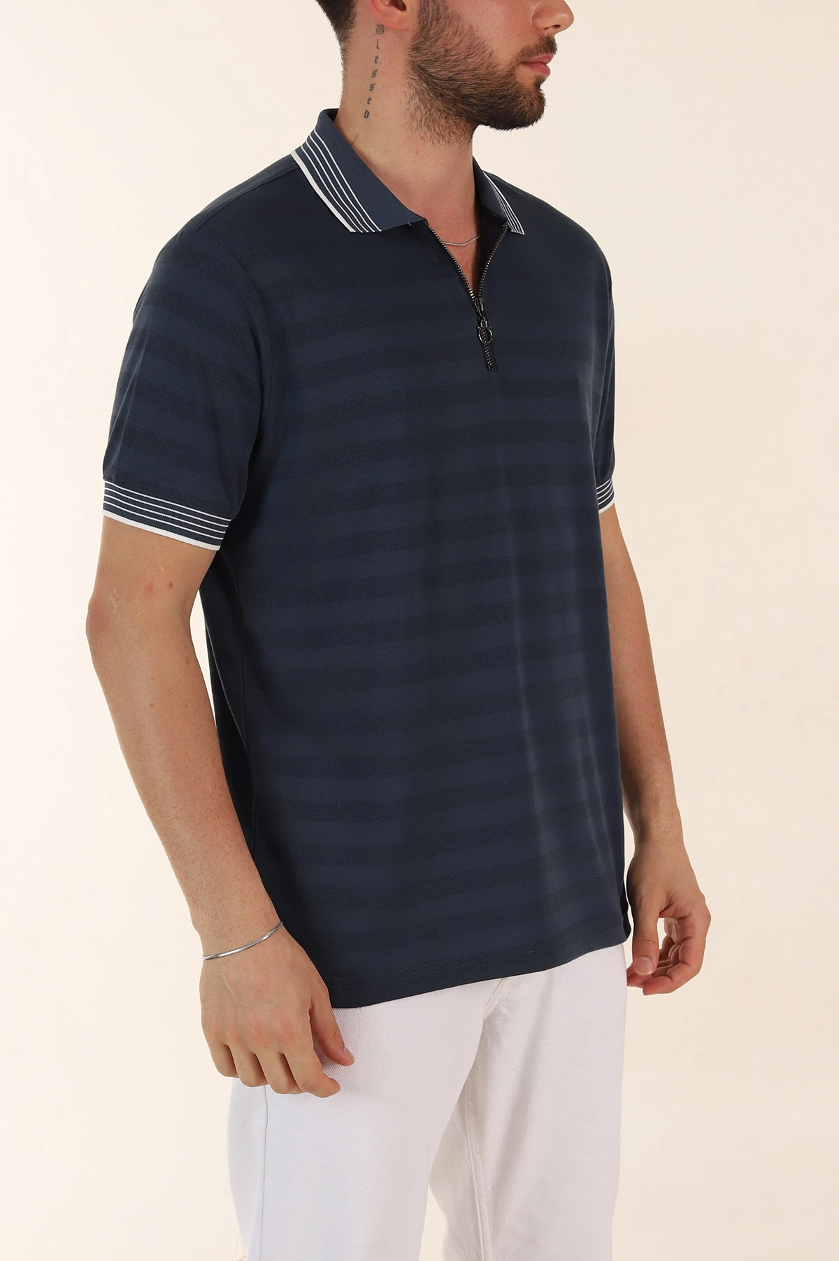 Petrol Relaxed Fit Çizgi Dokulu Fermuarlı Polo Yaka Basic Erkek Tİşört 370234