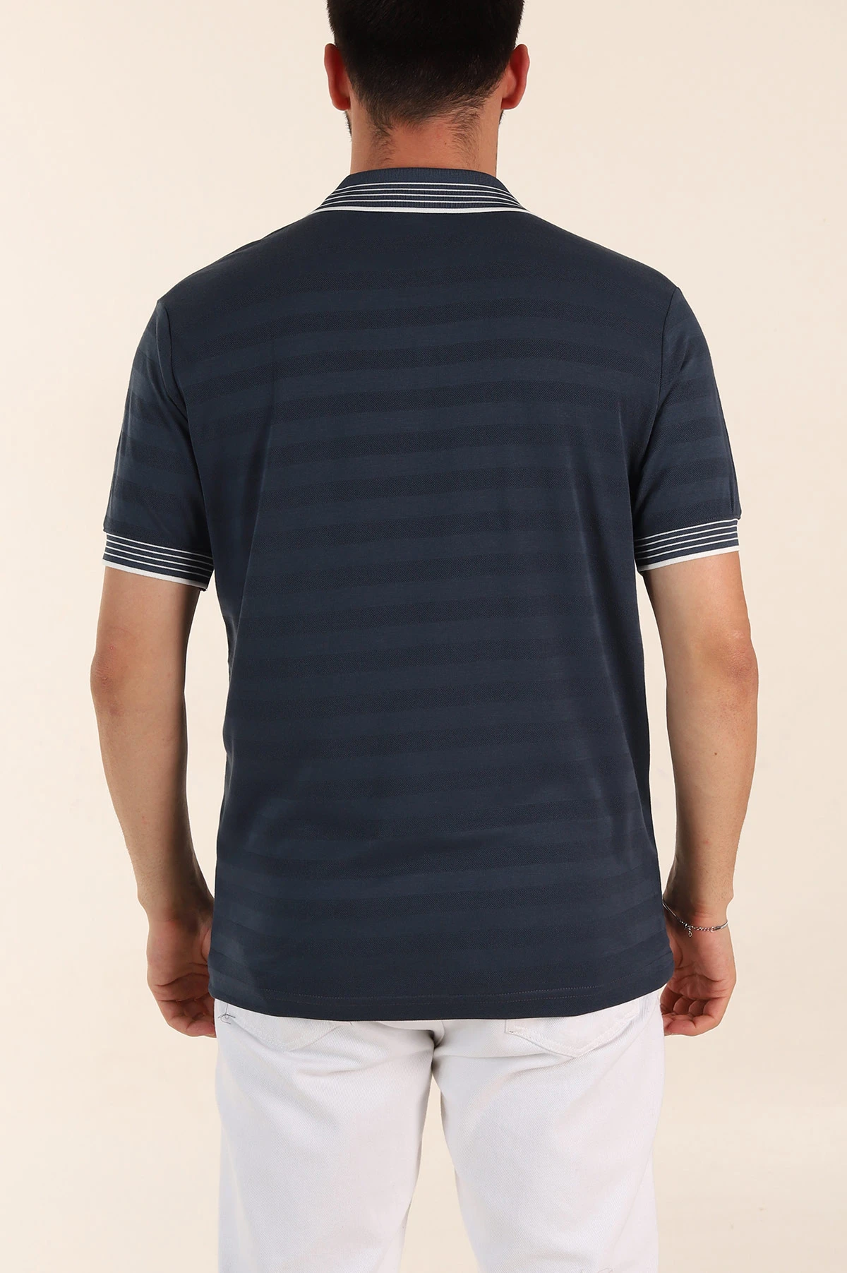Petrol Relaxed Fit Çizgi Dokulu Fermuarlı Polo Yaka Basic Erkek Tİşört 370234