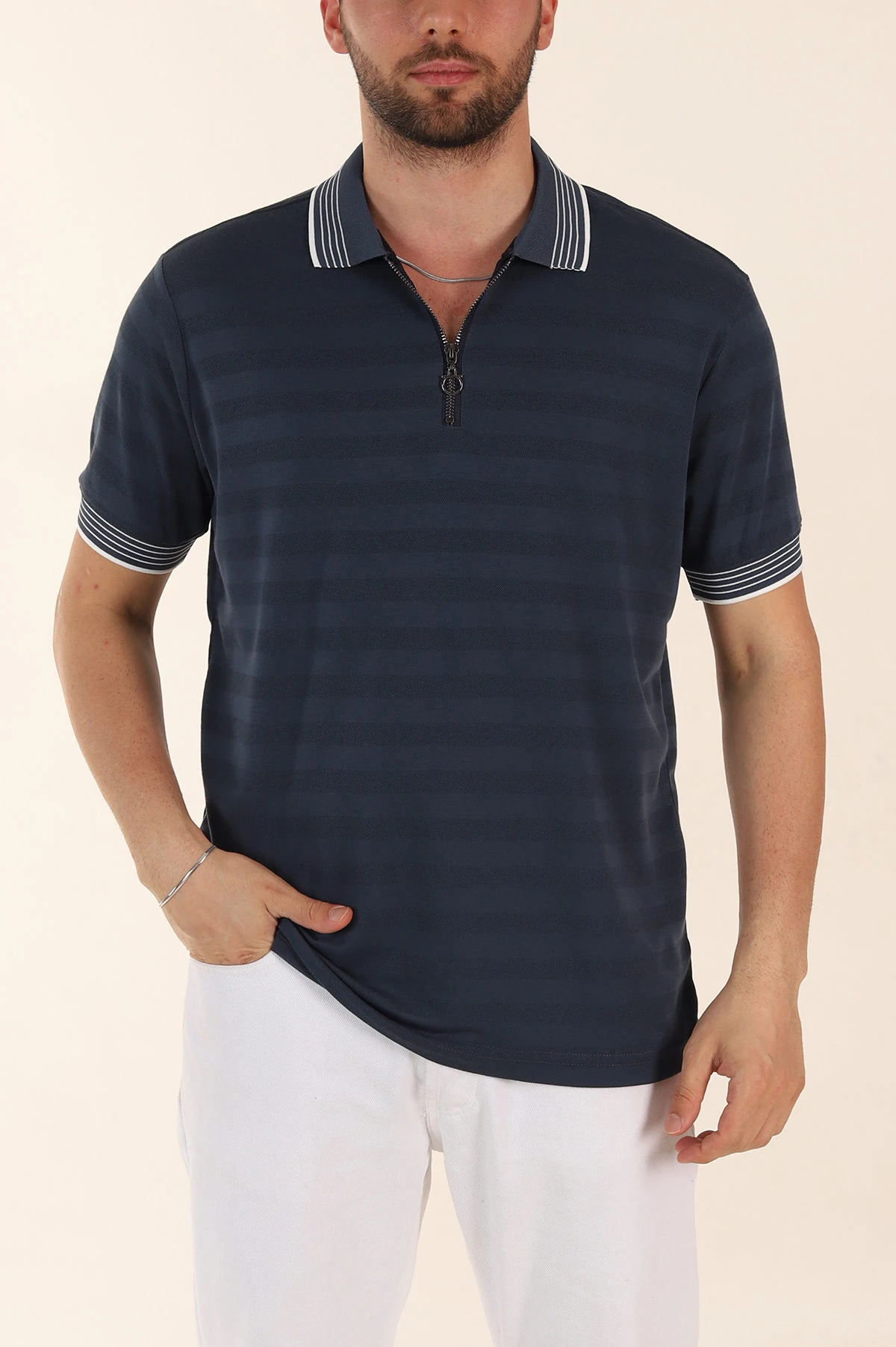 Petrol Relaxed Fit Çizgi Dokulu Fermuarlı Polo Yaka Basic Erkek Tİşört 370234