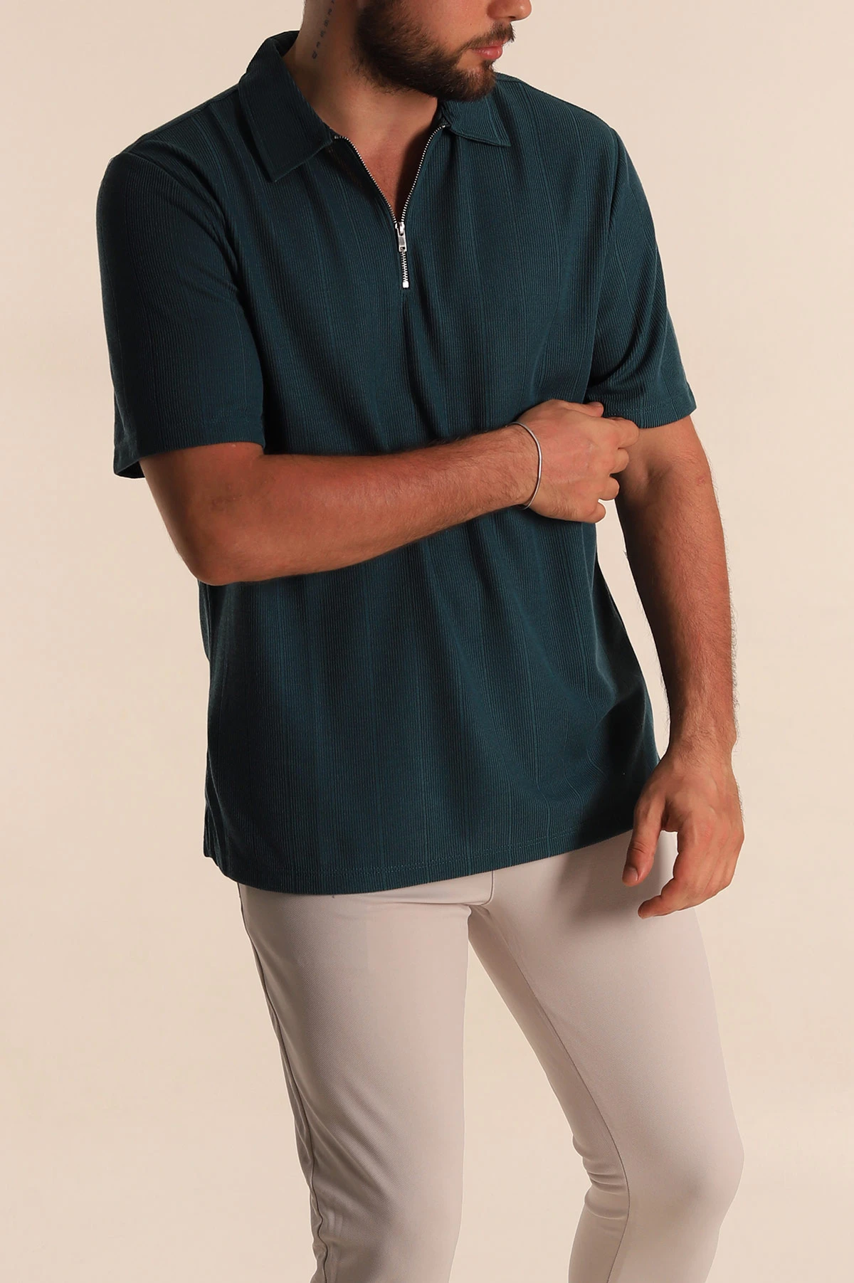 Petrol Relaxed Fit Çizgi Dokulu Fermuarlı Polo Yaka Erkek Tişört 278929