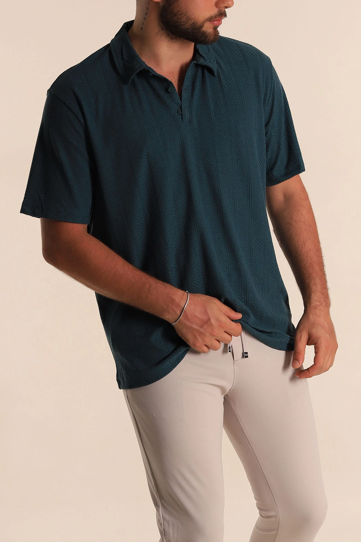 Petrol Relaxed Fit Desenli Polo Yaka Erkek Tişört 279208