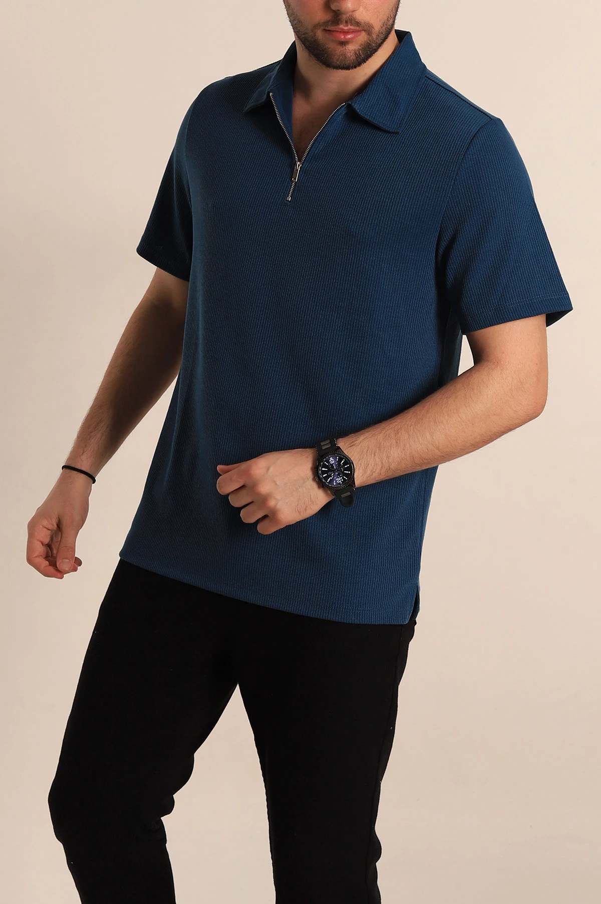 Petrol Relaxed Fit Fitilli Doku Fermuarlı Polo Yaka Erkek Tişört 268313