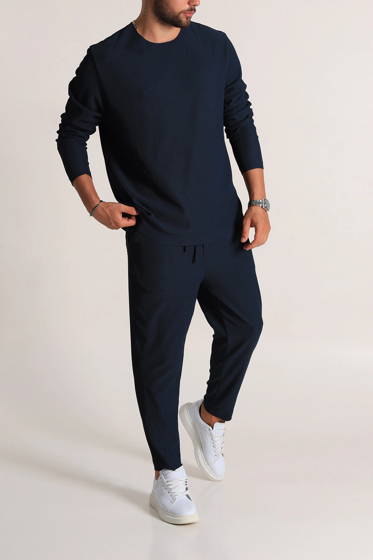 Petrol Relaxed Fit Fitilli Dokulu Erkek Eşofman Takımı 300072