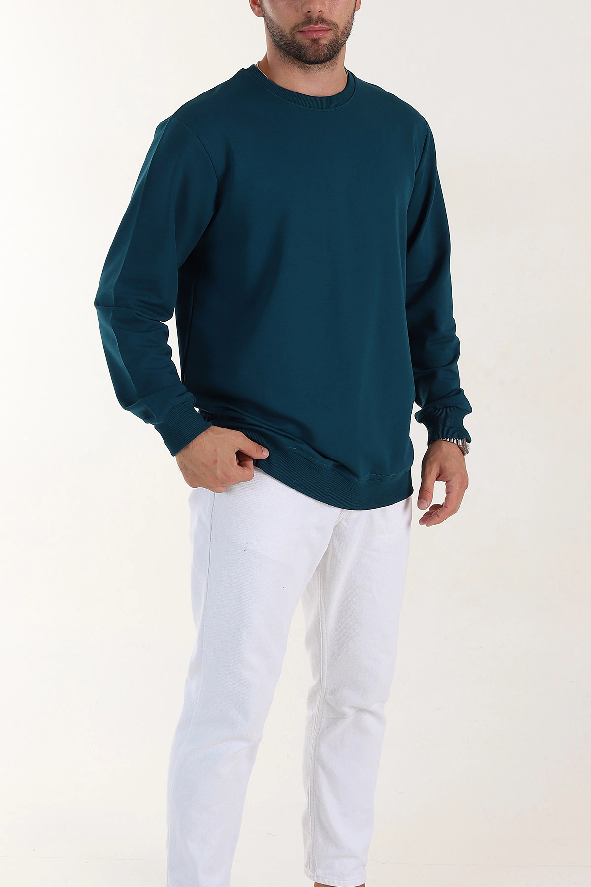 Petrol Relaxed Fit İki İp Şardonsuz Basic Erkek Sweatshirt 398127
