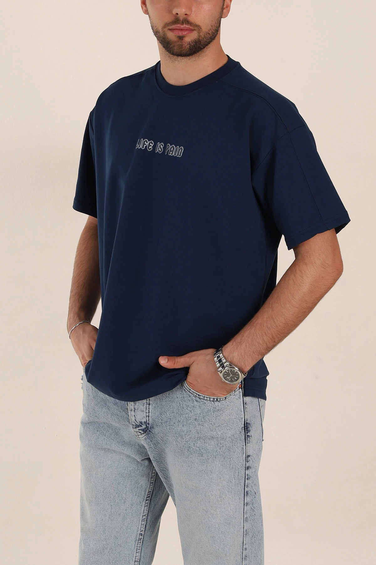 Petrol Relaxed Fit İnterlok Kumaş Yazı Detaylı Erkek Tişört 359317