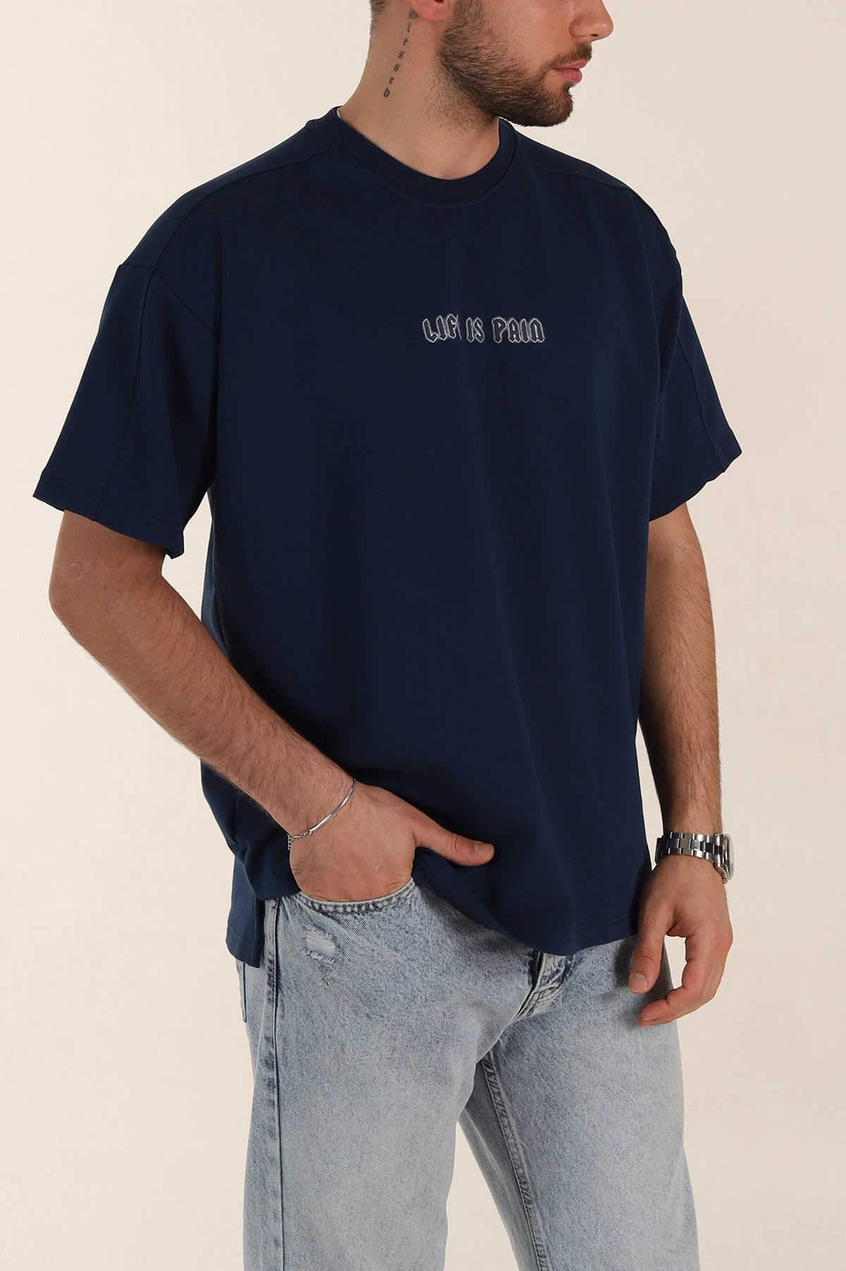 Petrol Relaxed Fit İnterlok Kumaş Yazı Detaylı Erkek Tişört 359317