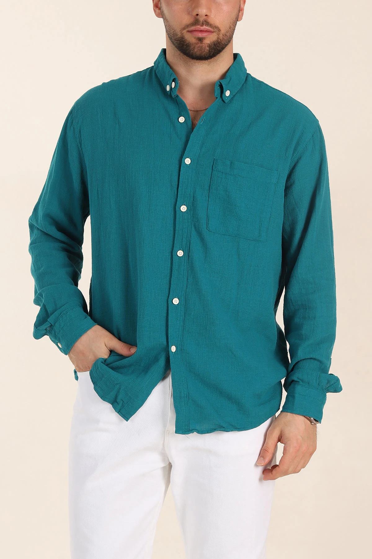 Petrol Relaxed Fit Keten Cep Detaylı Erkek Gömlek 356974