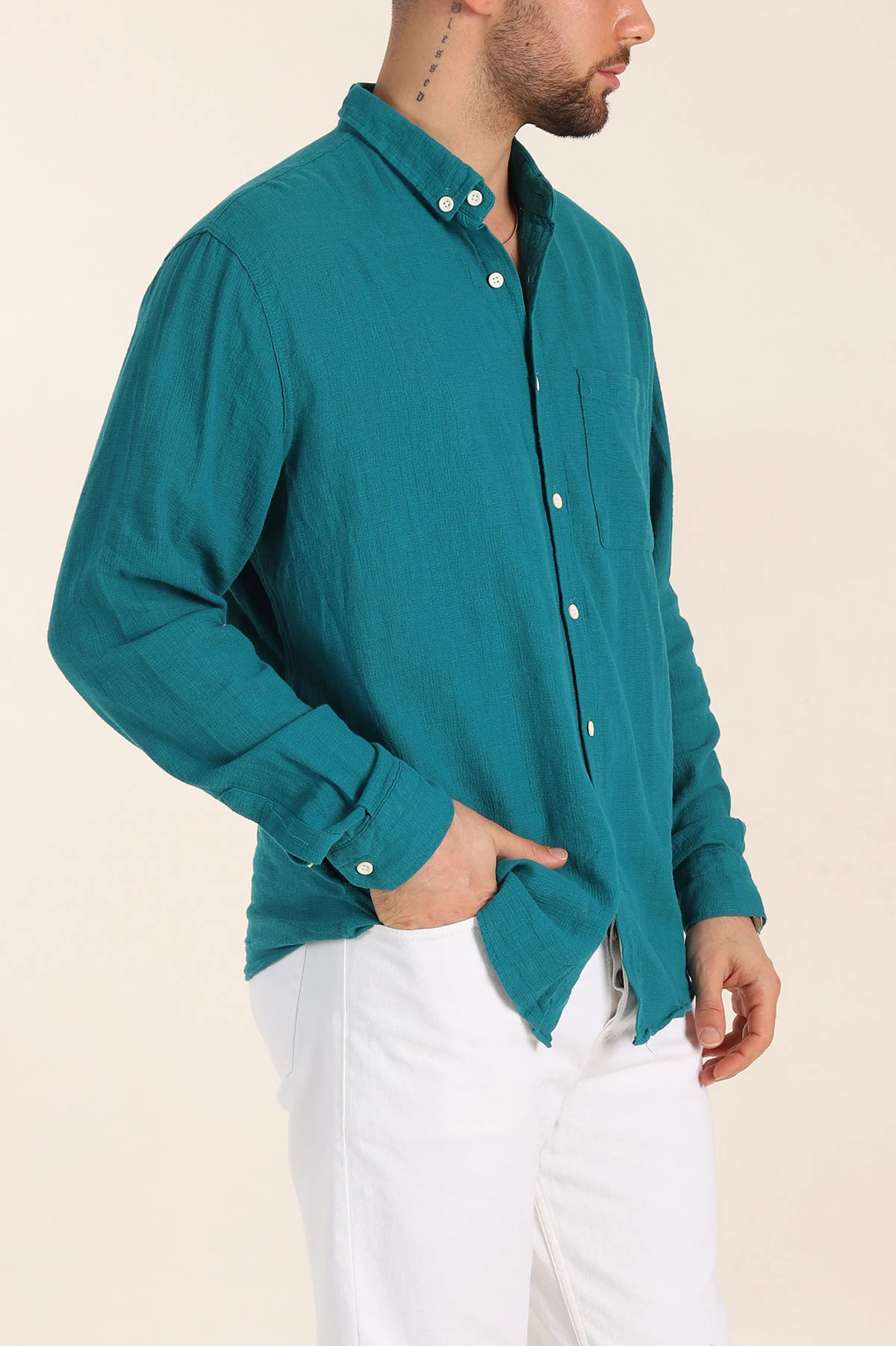 Petrol Relaxed Fit Keten Cep Detaylı Erkek Gömlek 356974