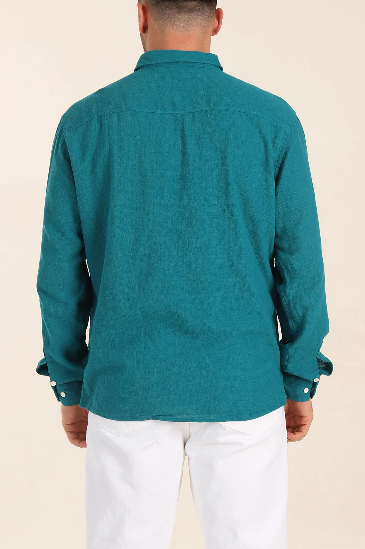 Petrol Relaxed Fit Keten Cep Detaylı Erkek Gömlek 356974