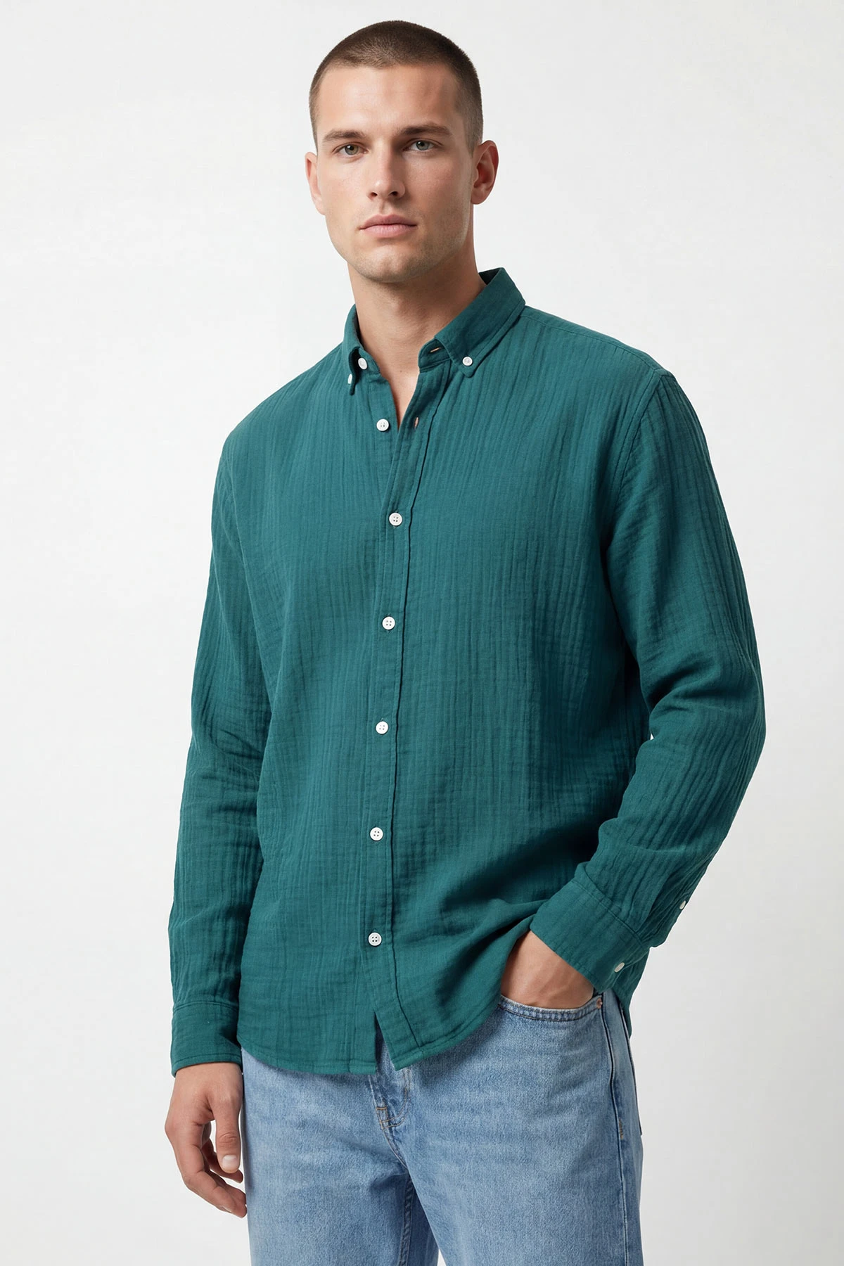 Petrol Relaxed Fit Müslin Keten Ata Yaka Erkek Gömlek 435755