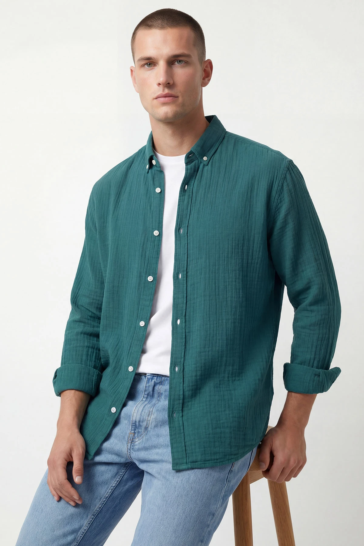 Petrol Relaxed Fit Müslin Keten Ata Yaka Erkek Gömlek 435755