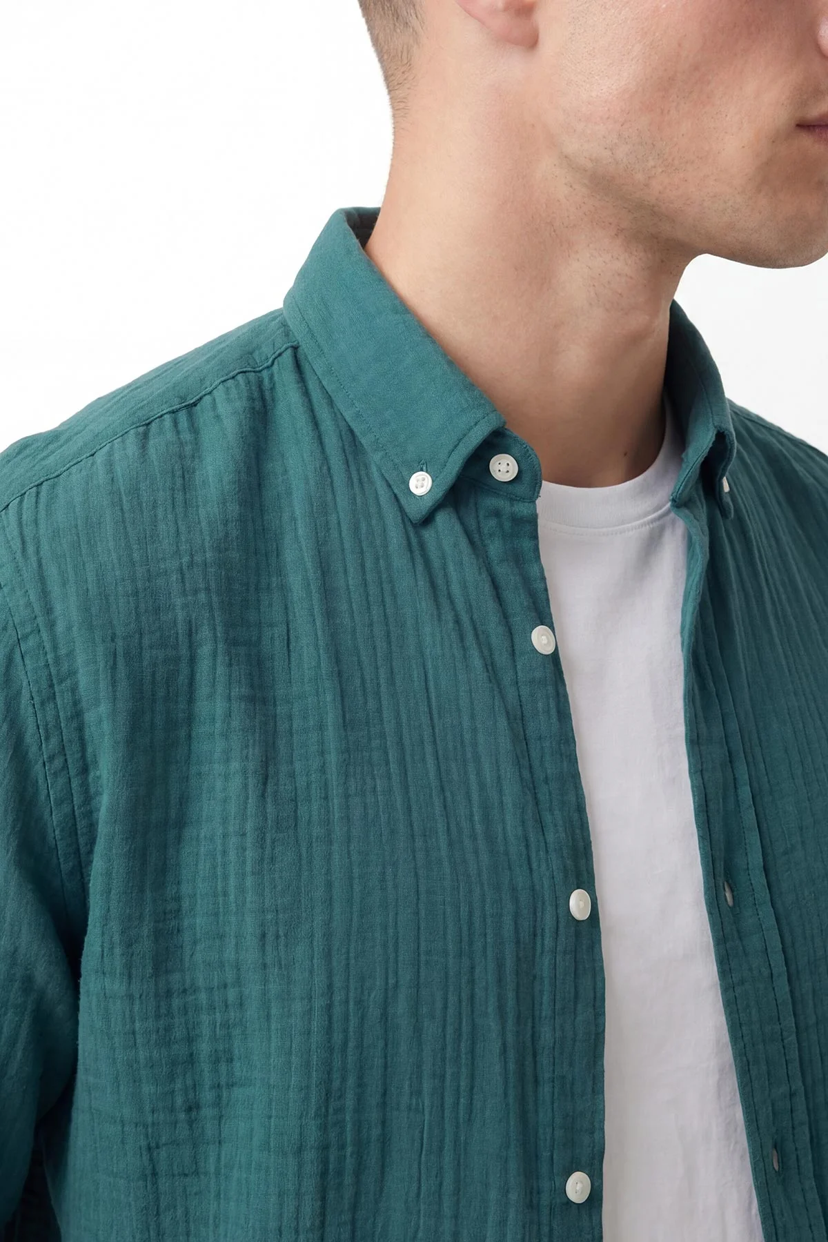 Petrol Relaxed Fit Müslin Keten Ata Yaka Erkek Gömlek 435755