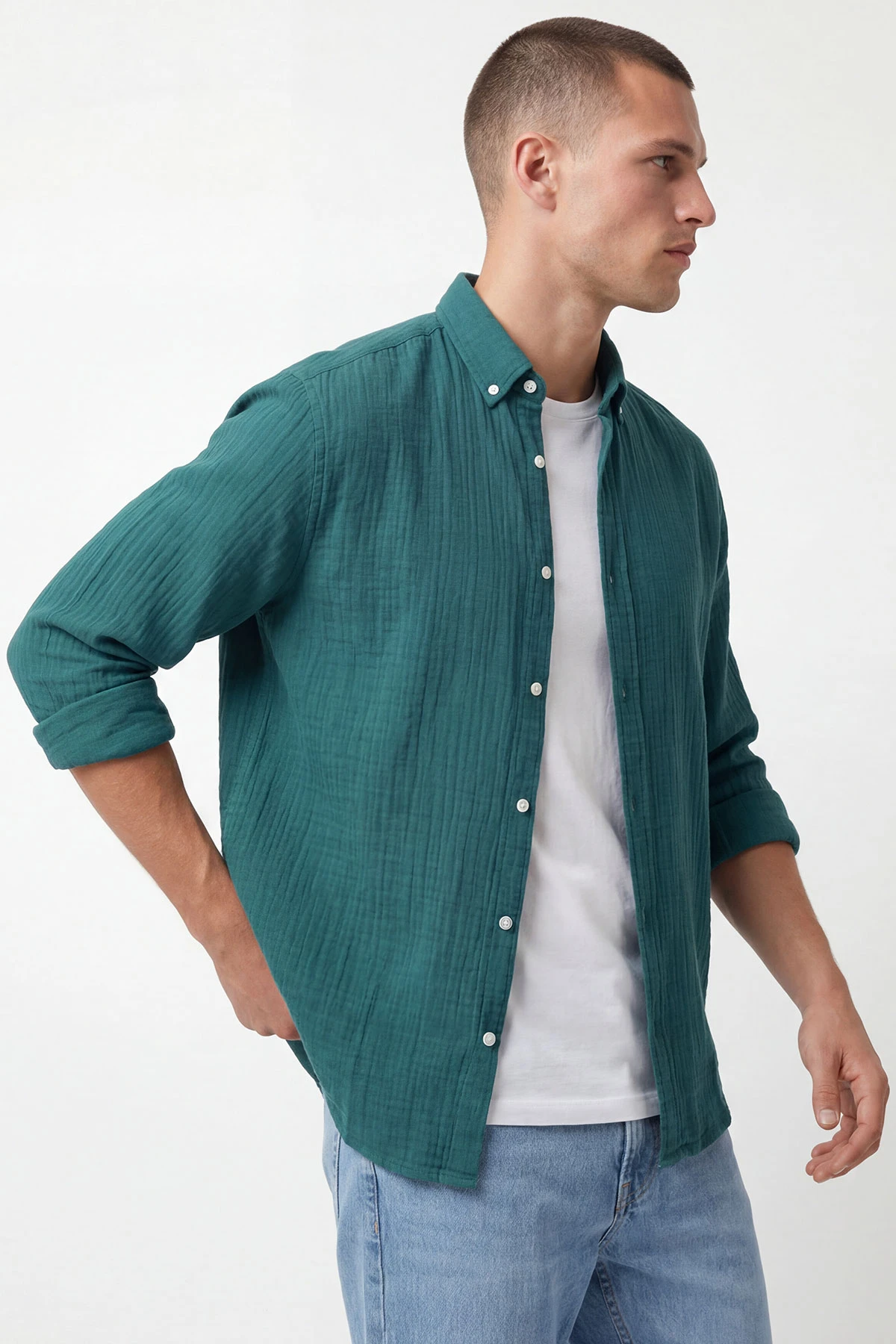 Petrol Relaxed Fit Müslin Keten Ata Yaka Erkek Gömlek 435755