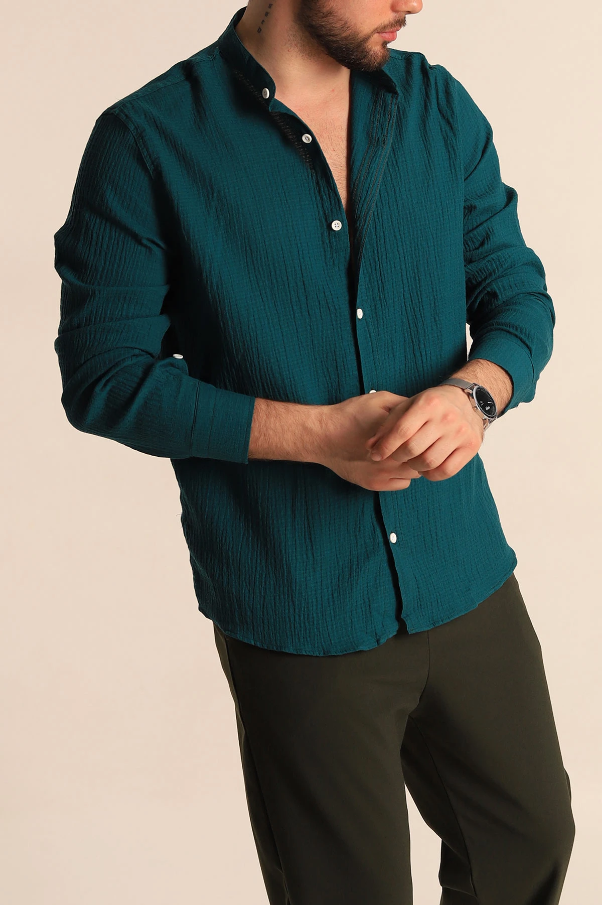 Petrol Relaxed Fit Müslin Kumaş Hakim Erkek Gömlek 275668