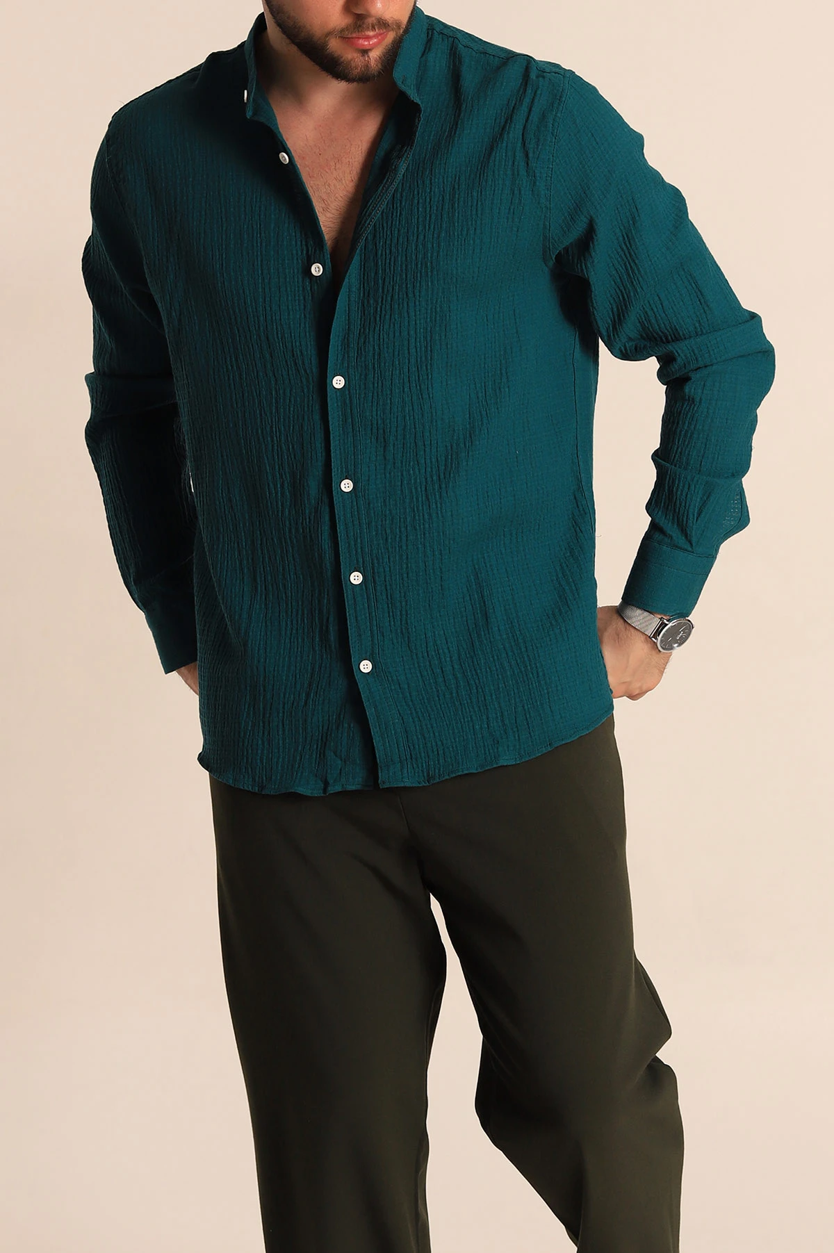 Petrol Relaxed Fit Müslin Kumaş Hakim Erkek Gömlek 275668